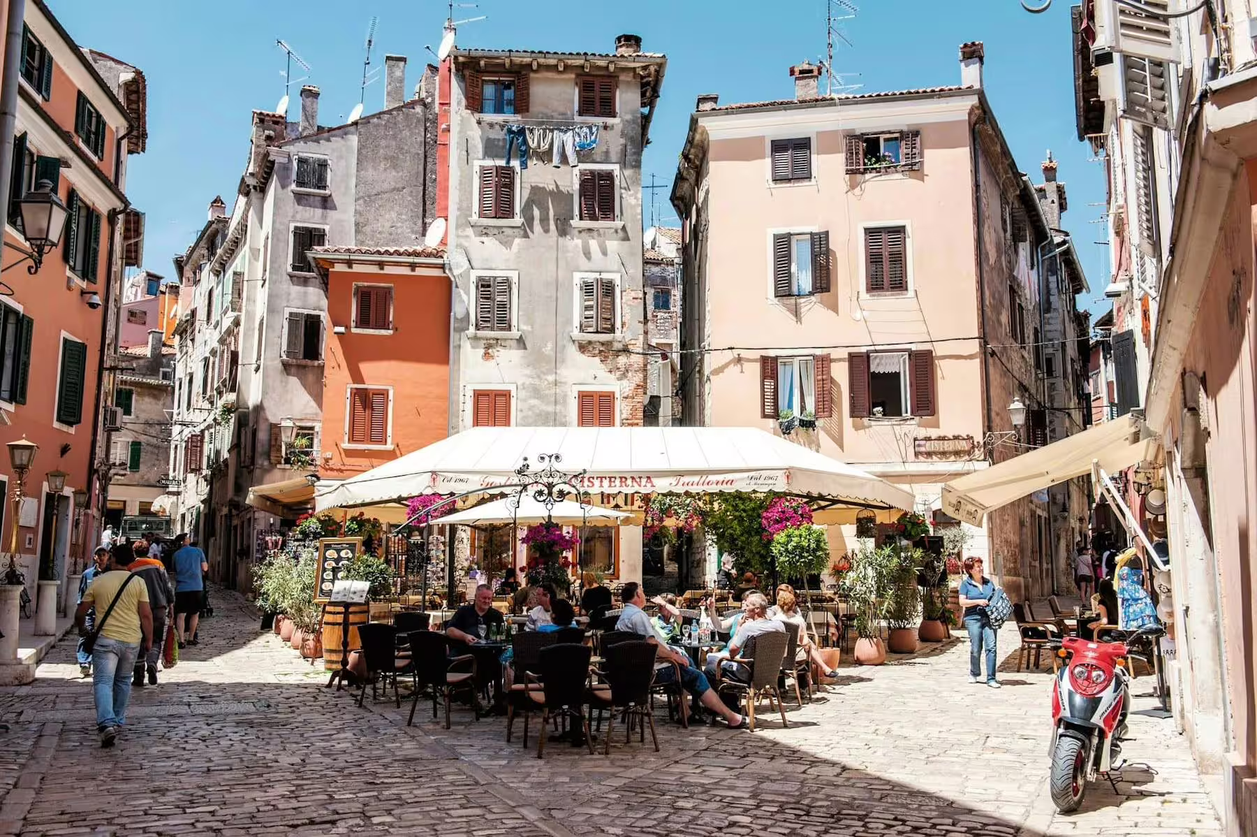 Rovinj old town café square, a scenic stop on the Istrian Coast boat cruise with BBQ from Poreč