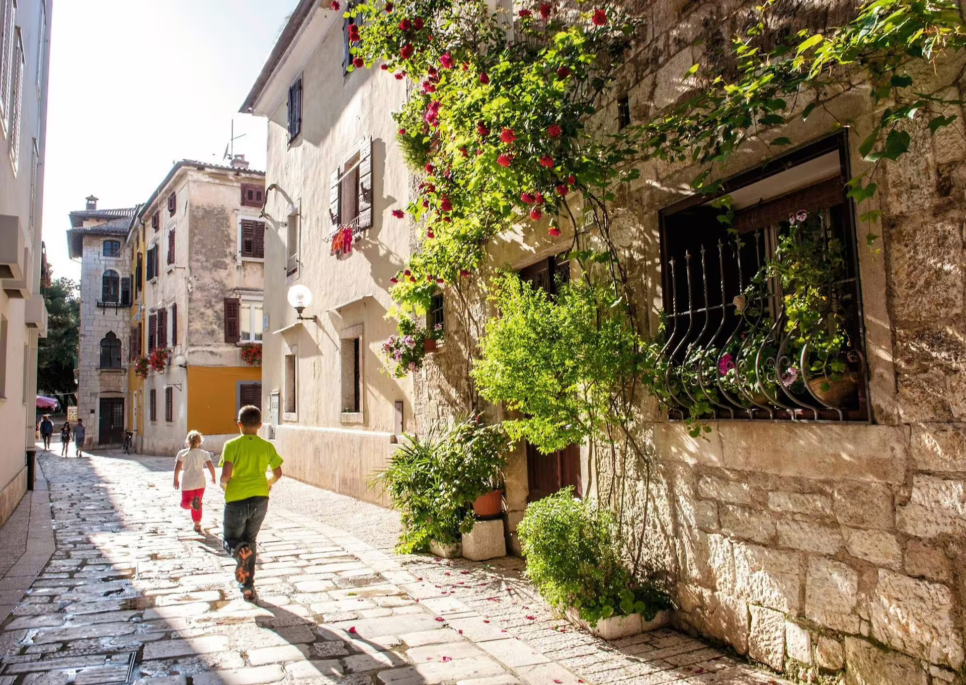Sunlit stone lane in Rovinj old town, Istria, a scenic walk on the Ancient Istria tour to Pula with lunch