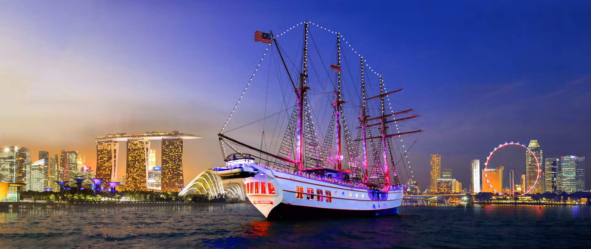 Elegant Royal Albatross ship illuminated against Singapore skyline on city lights cruise with buffet dinner.