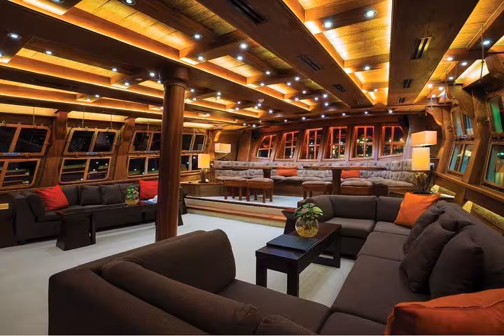 Luxurious interior of the Royal Albatross cruise ship featuring elegant seating and warm ambient lighting.