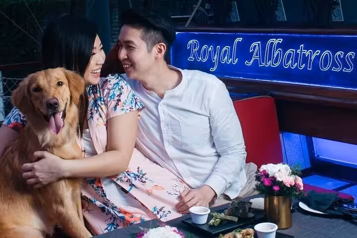 Happy couple with their dog delight in a romantic Royal Albatross dinner cruise under the evening sky.