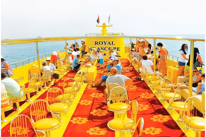 Royal Seascope semi submarine sun deck in Sharm El Sheikh, guests relaxing on Red Sea tour with transfer