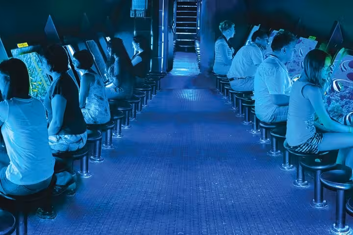 Royal Seascope submarine cabin in Hurghada with panoramic windows, guests viewing Red Sea coral and fish