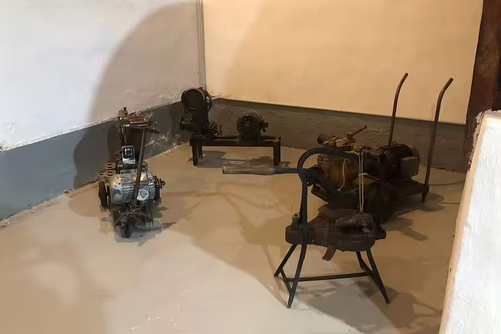 Vintage winemaking equipment on display in a Rueda winery, highlighting traditional production methods in Spain.