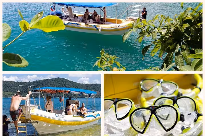 Tourists on a boat enjoying a scenic ride in Saco Mamanguá Fjord, with snorkeling gear ready for beach exploration.