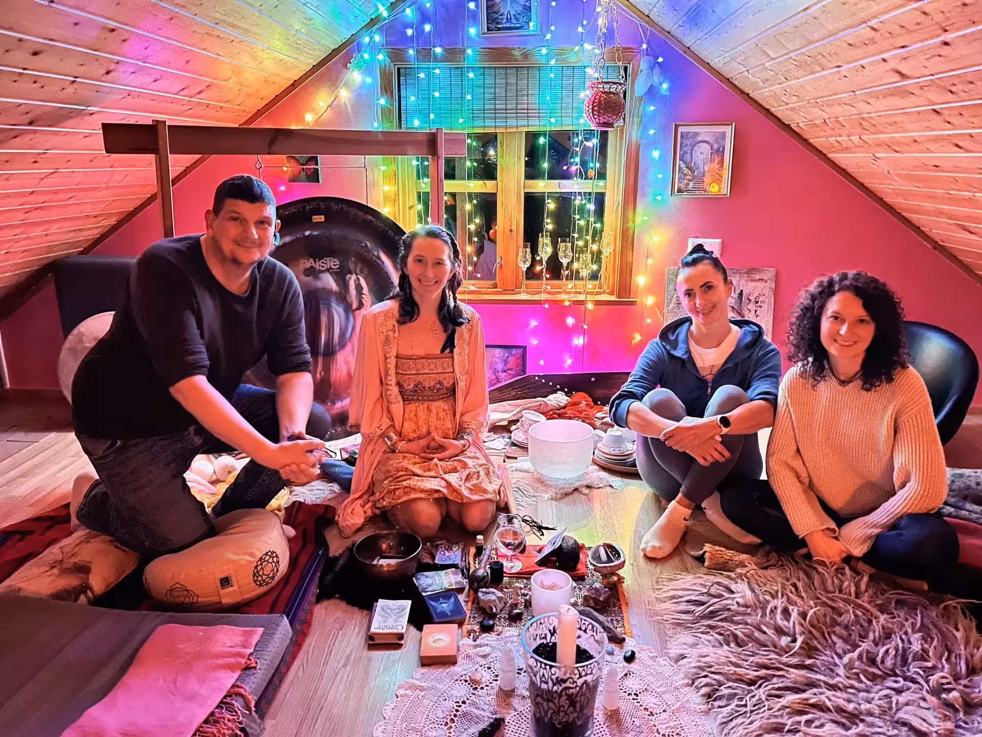 Guests at private Sacred Iceland cacao ceremony and gong sound bath, festive Christmas dreams retreat in Iceland