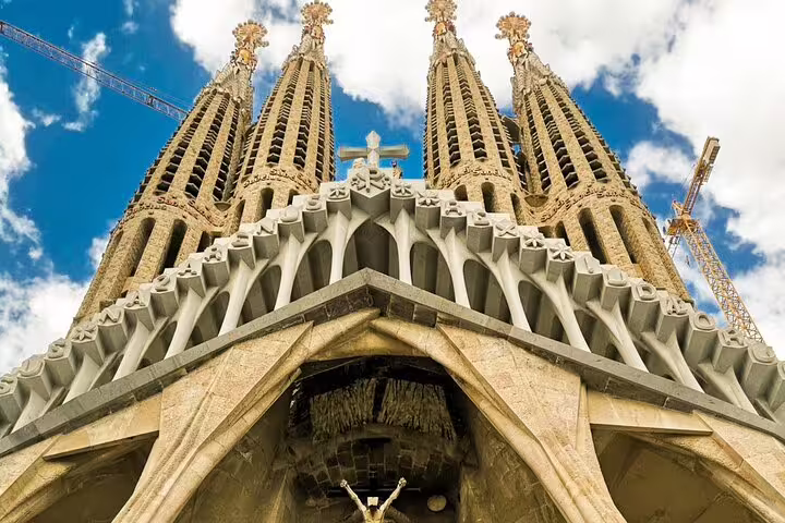Stunning view of Sagrada Familia's intricate facade, a highlight of the 2-Day Gaudi and Montserrat tour with winery visit.