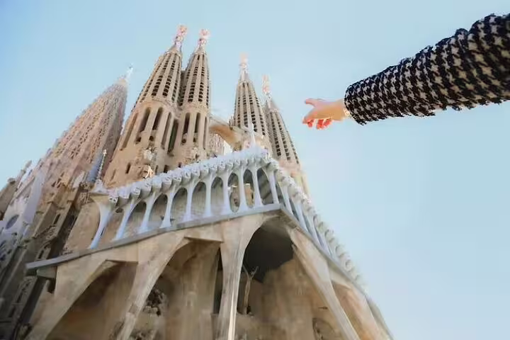 Visitor pointing up at Sagrada Familia towers in Barcelona during an insider architecture tour with fast-track priority entry