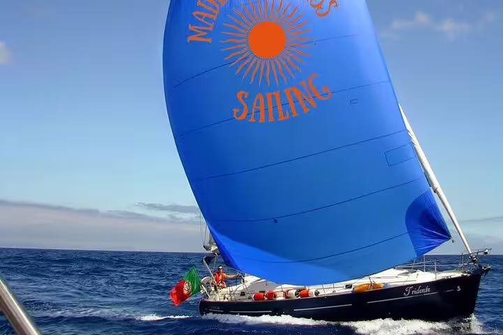 Sailboat with vibrant blue sail gliding on Madeira's South Coast during a half-day sailing experience, under clear skies.