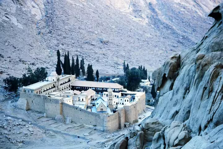 Saint Catherine Monastery nestled in Sinai mountains, scenic stop on Moses Mountain private tour from Taba