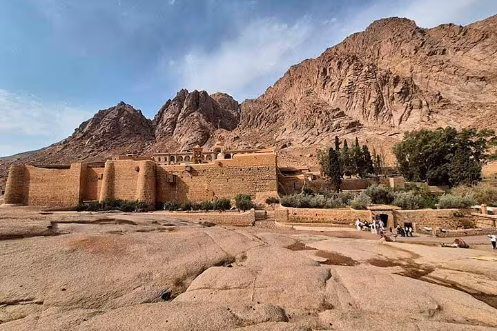 Panoramic view of Saint Catherine Monastery beneath Mount Sinai, stop on one-day Dahab and monastery tour