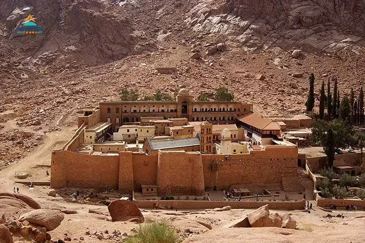 Aerial view of Saint Catherine Monastery complex in Sinai desert, visited on private overnight trip from Cairo