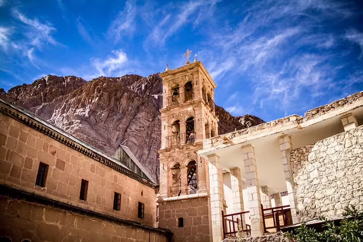 Bell tower and stone courtyards at Saint Catherine’s Monastery, Mount Sinai, on a Dahab half-day tour