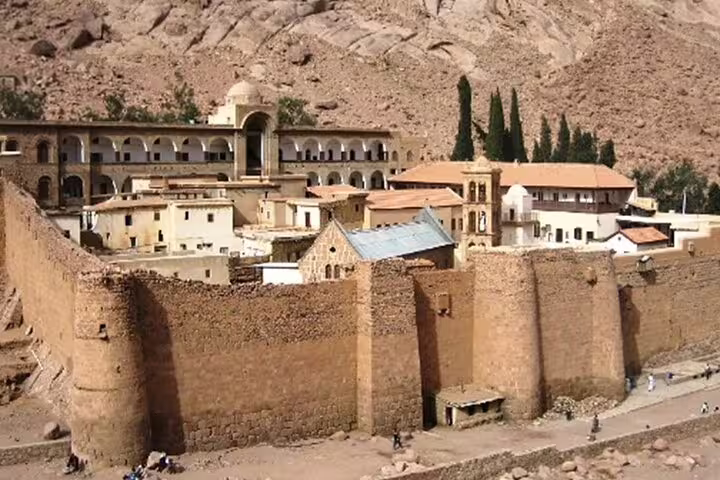 Close-up of Saint Catherine’s Monastery fortress walls in Sinai, highlight of Dahab day tour from Sharm