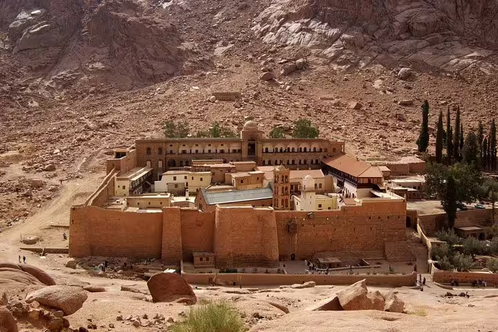 Aerial view of Saint Catherine’s Monastery in Sinai Mountains, a top stop on half-day tour from Dahab