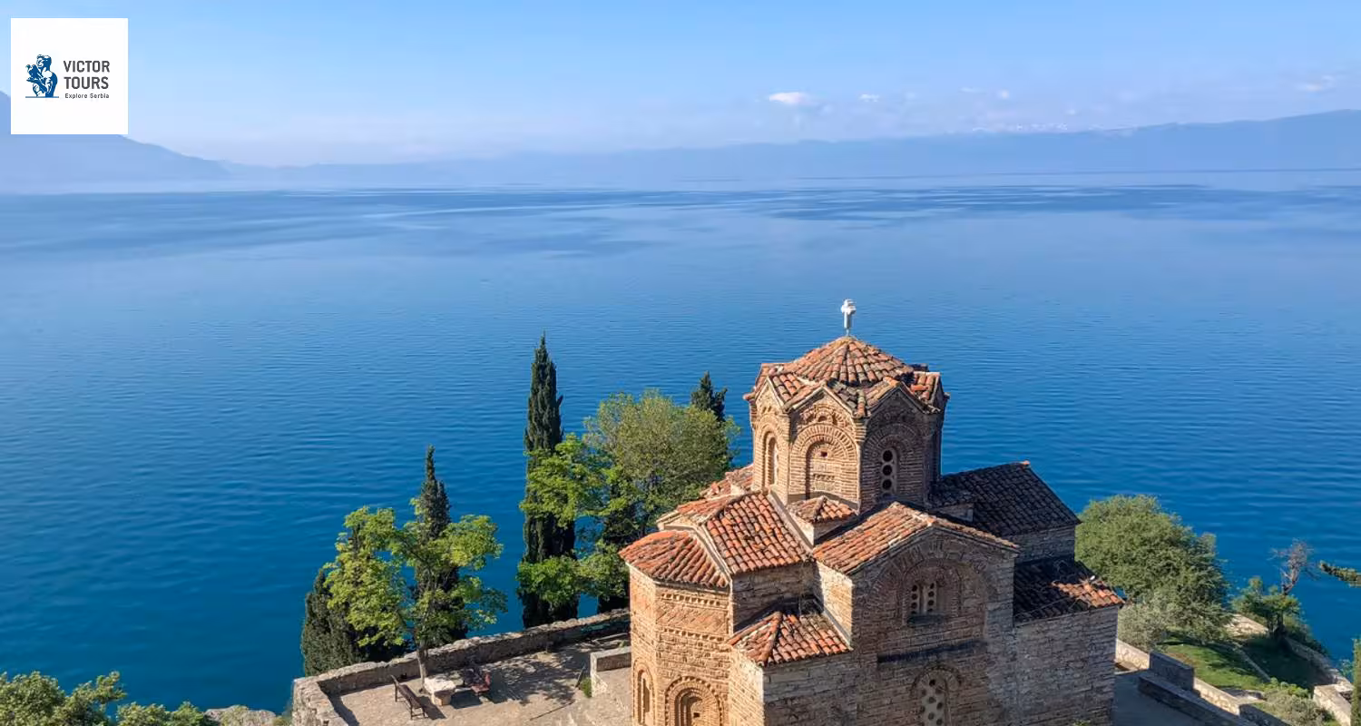 Stunning view of Saint John at Kaneo Church overlooking Lake Ohrid in Macedonia on Balkan tour.