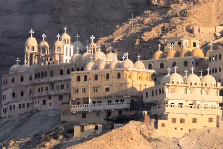 Domed Saint Paul Monastery buildings in the Red Sea Mountains, private full-day Hurghada tour