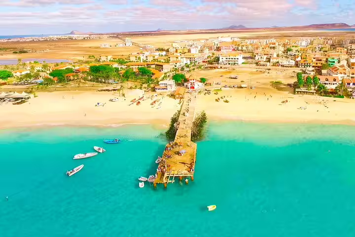 Aerial view of Santa Maria pier and turquoise sea, Sal Island, ideal for airport to Espargos transfer