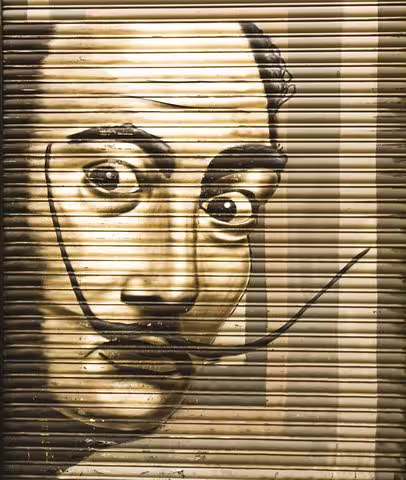 Street art of Salvador Dalí on a shutter in Barcelona's Raval Quarter, featured in the Alternative Barcelona Walking Tour.