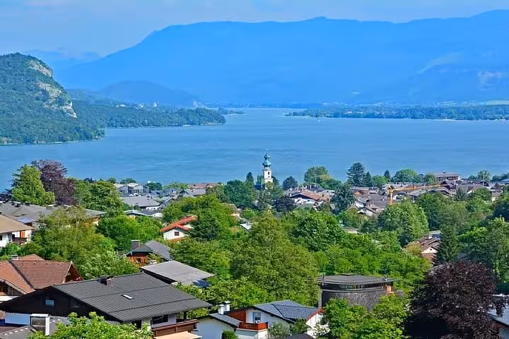 Panoramic Lake Wolfgangsee view near Salzburg on a private day trip from Vienna through the Austrian Alps