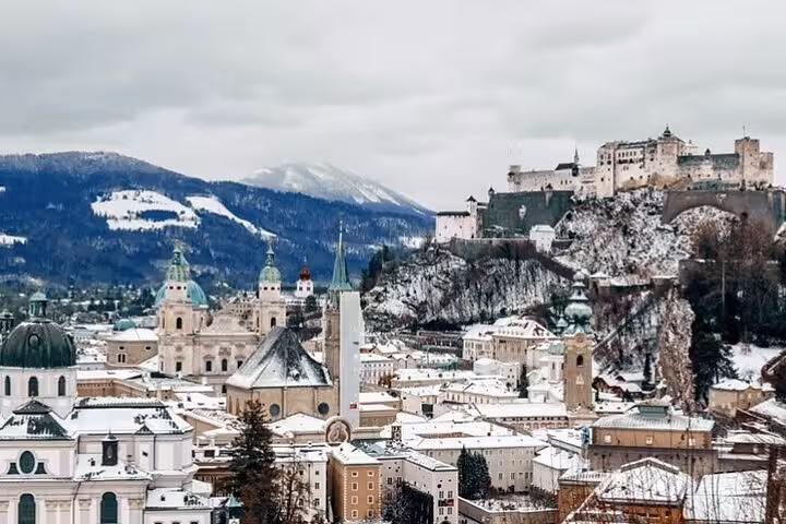 Winter panorama of Salzburg Old Town and Hohensalzburg Fortress on a private day tour from Munich