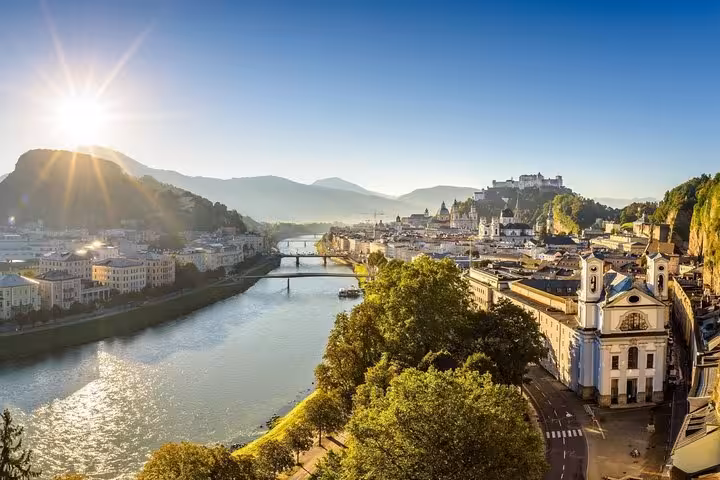 Panoramic Salzburg Old Town and Salzach River with Hohensalzburg Fortress on Vienna day trip tour