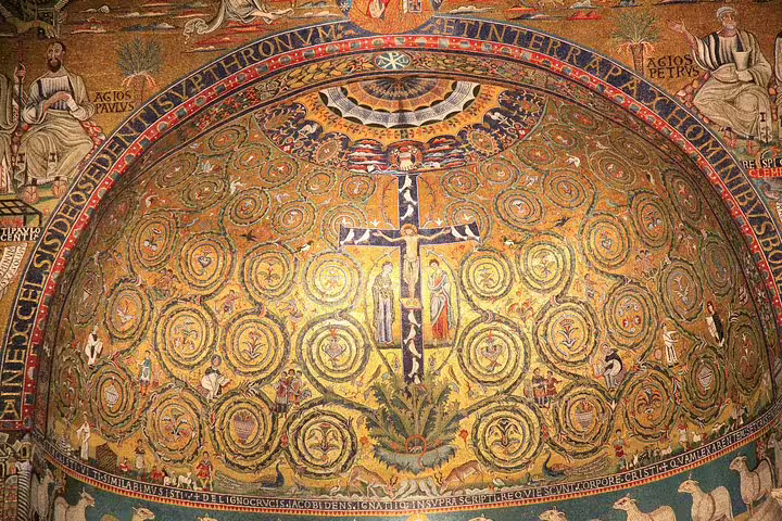 Golden apse mosaic with cross and saints in San Clemente Basilica, highlight of Rome underground archaeology private tour