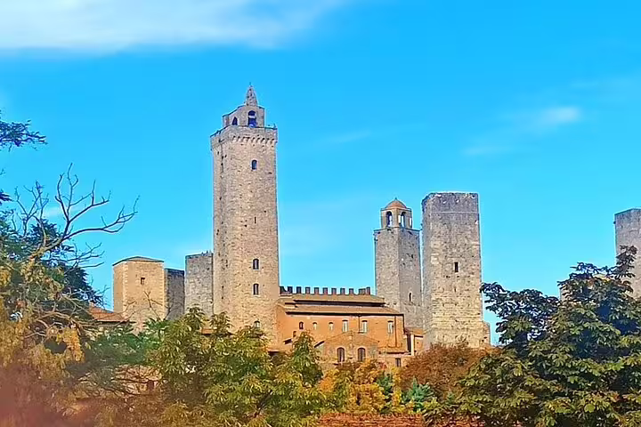 Panoramic view of San Gimignano’s medieval towers rising above Tuscan hills on a private Volterra wine tour