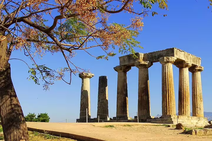 Sanctuary of Hera at Corinth with Doric columns under blue sky on a private Athens day trip in Greece