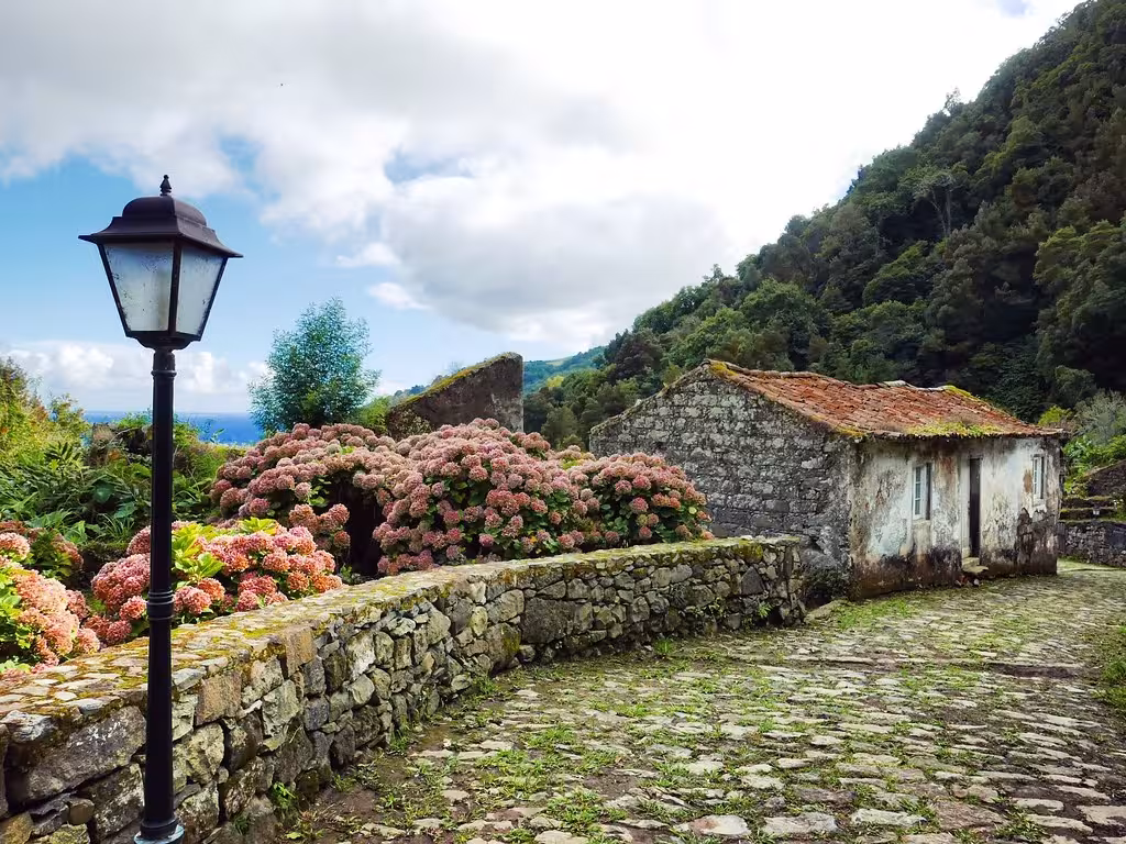 Cobblestone lane with stone cottages and hydrangeas in Sanguinho village on the all-day walking tour