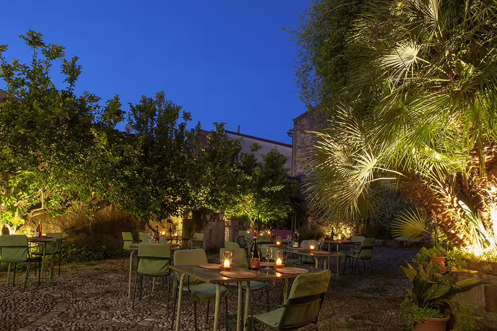 Evening wine tasting terrace in Sant'Agata de' Goti with candlelit tables under illuminated palm and citrus trees