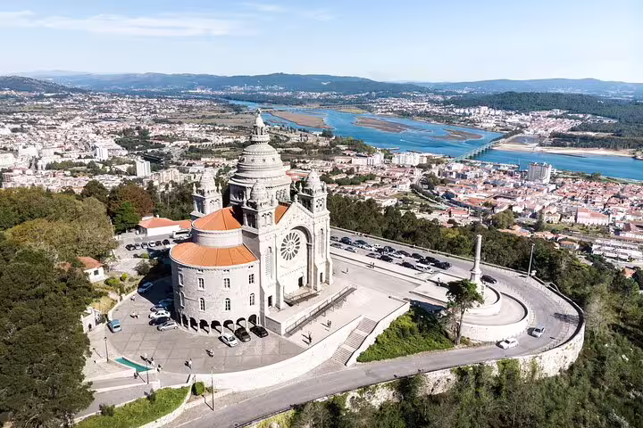 Aerial view of the Sanctuary of Santa Luzia in Viana do Castelo, highlighting its architectural beauty on the Porto to Santiago tour.