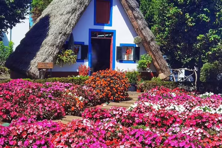 Charming Santana house surrounded by vibrant flowers on a full day east Madeira tour highlighting cultural sights.