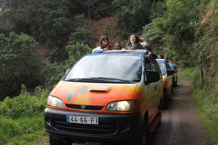 Adventurous tourists enjoy a scenic 4x4 ride through lush forests on the Santana & Peaks shore excursion tour.