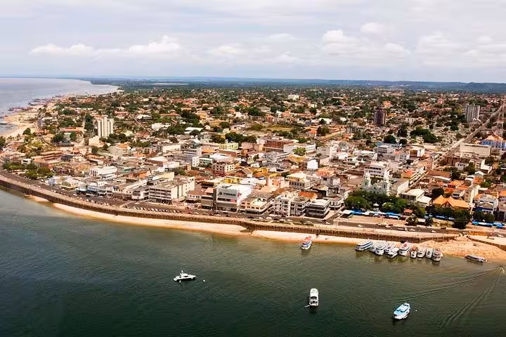 Aerial view of Santarém do Pará waterfront and city center on the Amazon River, ideal for a city tour
