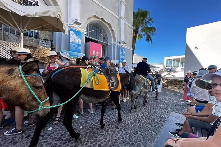 Santorini cruise port donkey ride line on cobblestone path in Fira, classic shore excursion experience