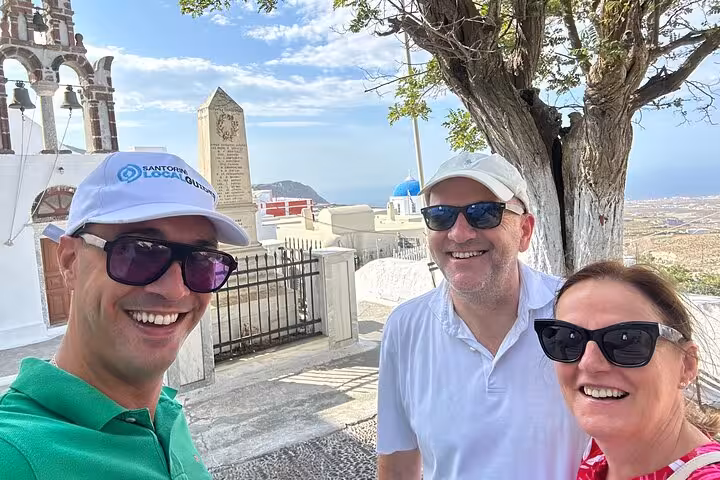 Santorini cruise shore tour selfie in Pyrgos village with local guide, panoramic caldera views and churches