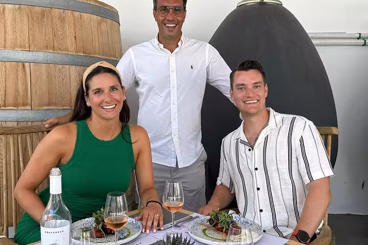 Guests enjoying rosé tasting with winery host on Santorini private wine tour, pairing local bites and views