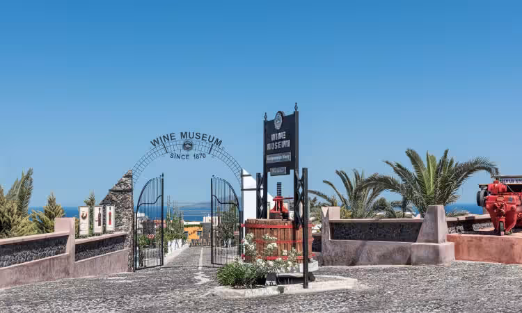 Santorini Wine Museum entrance in Mesa Gonia, a panoramic stop on a semi-private Santorini tour
