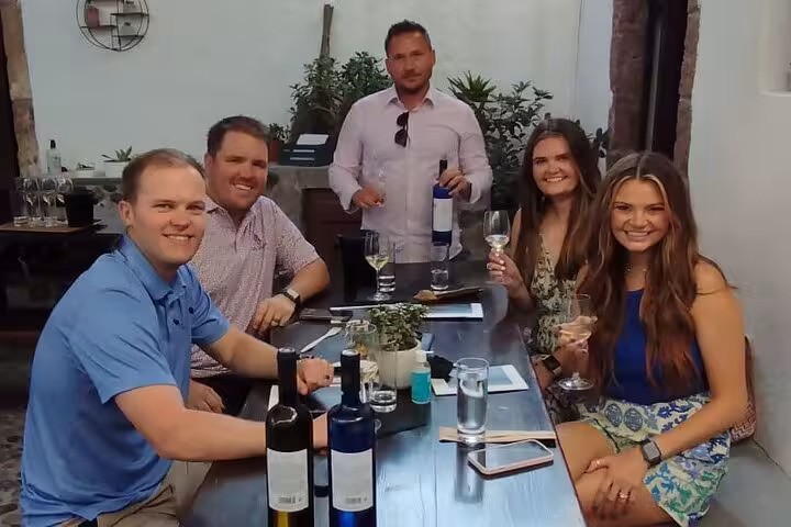 Friends enjoying Santorini winery tasting with local Greek wines on a private Athens to Santorini tour experience