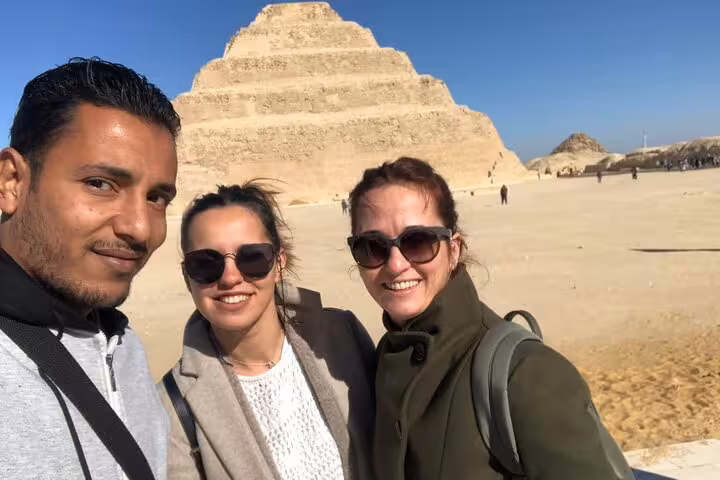 Travelers selfie at Saqqara Step Pyramid on Saqqara, Dahshur Pyramids and Memphis tour from Cairo with lunch