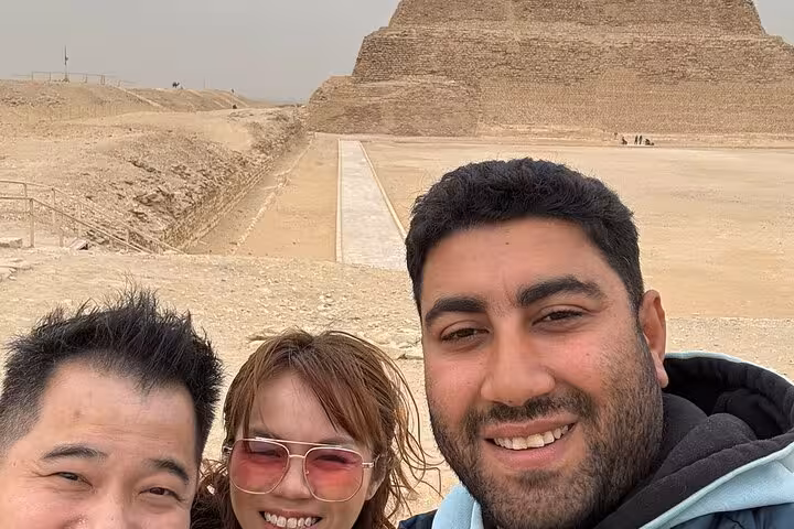 Tour selfie near Saqqara Step Pyramid on a private guided Cairo day trip to Memphis and Dahshur