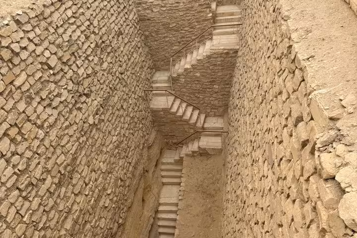 Stone stairway and walls inside Saqqara complex on private Cairo tour to Giza Pyramids, Sphinx, Memphis and Saqqara