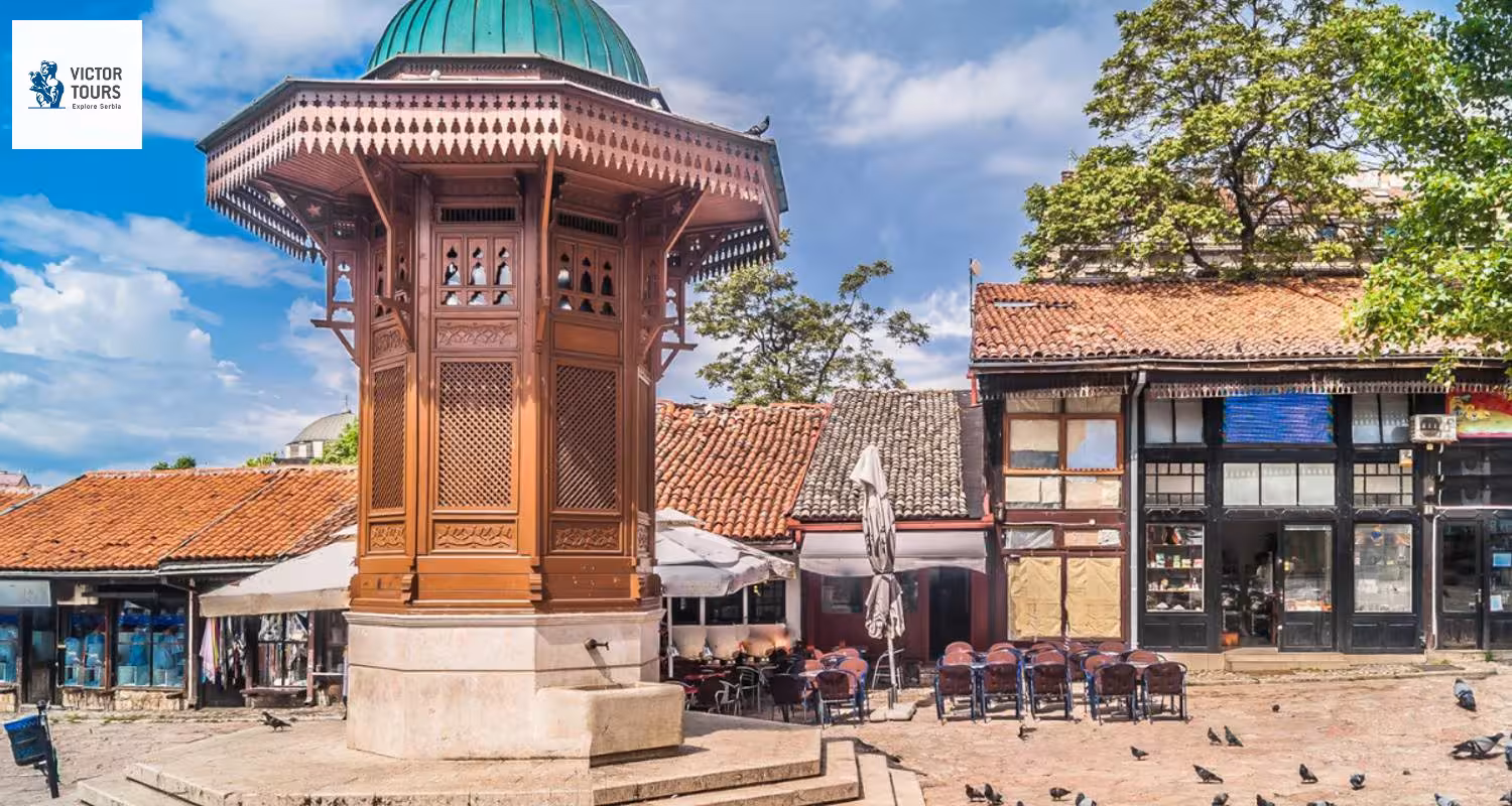 Experience the vibrant atmosphere of Sarajevo's Baščaršija square with its famous Sebilj fountain.