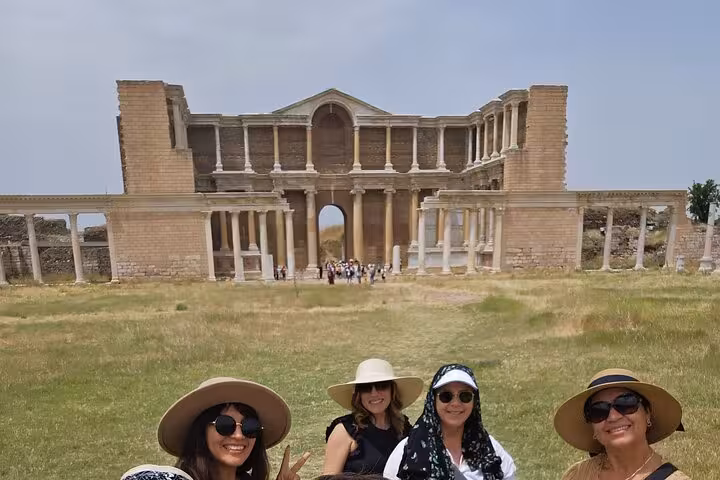 Group photo at Sardis Gymnasium ruins, a key stop on the 4-day 7 Churches of Revelation biblical tour Turkey