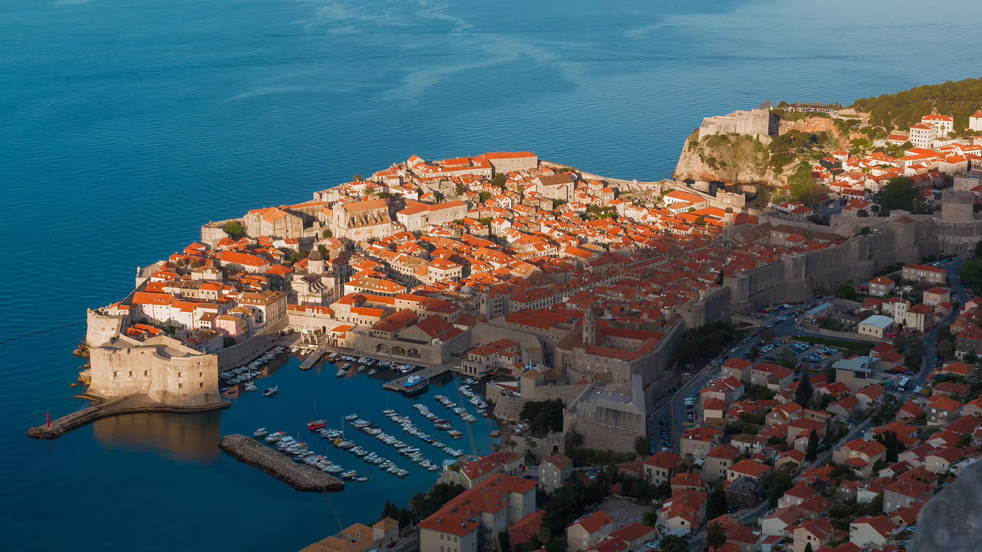 Scenic Panorama Drive overlooking Dubrovnik Old Town, Fort Lovrijenac and marina on the Adriatic Sea