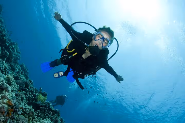 Certified scuba diver swimming over a Red Sea coral reef in Hurghada, guided underwater tour for beginners