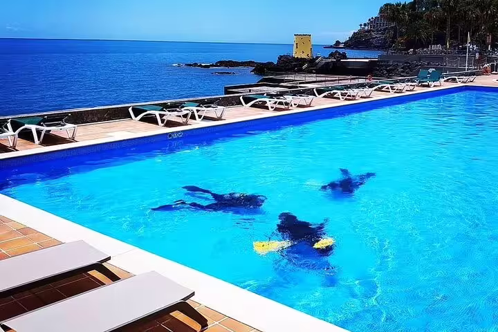 People practicing scuba diving in a clear blue pool by the ocean in Funchal, Madeira, with lounge chairs and scenic views.