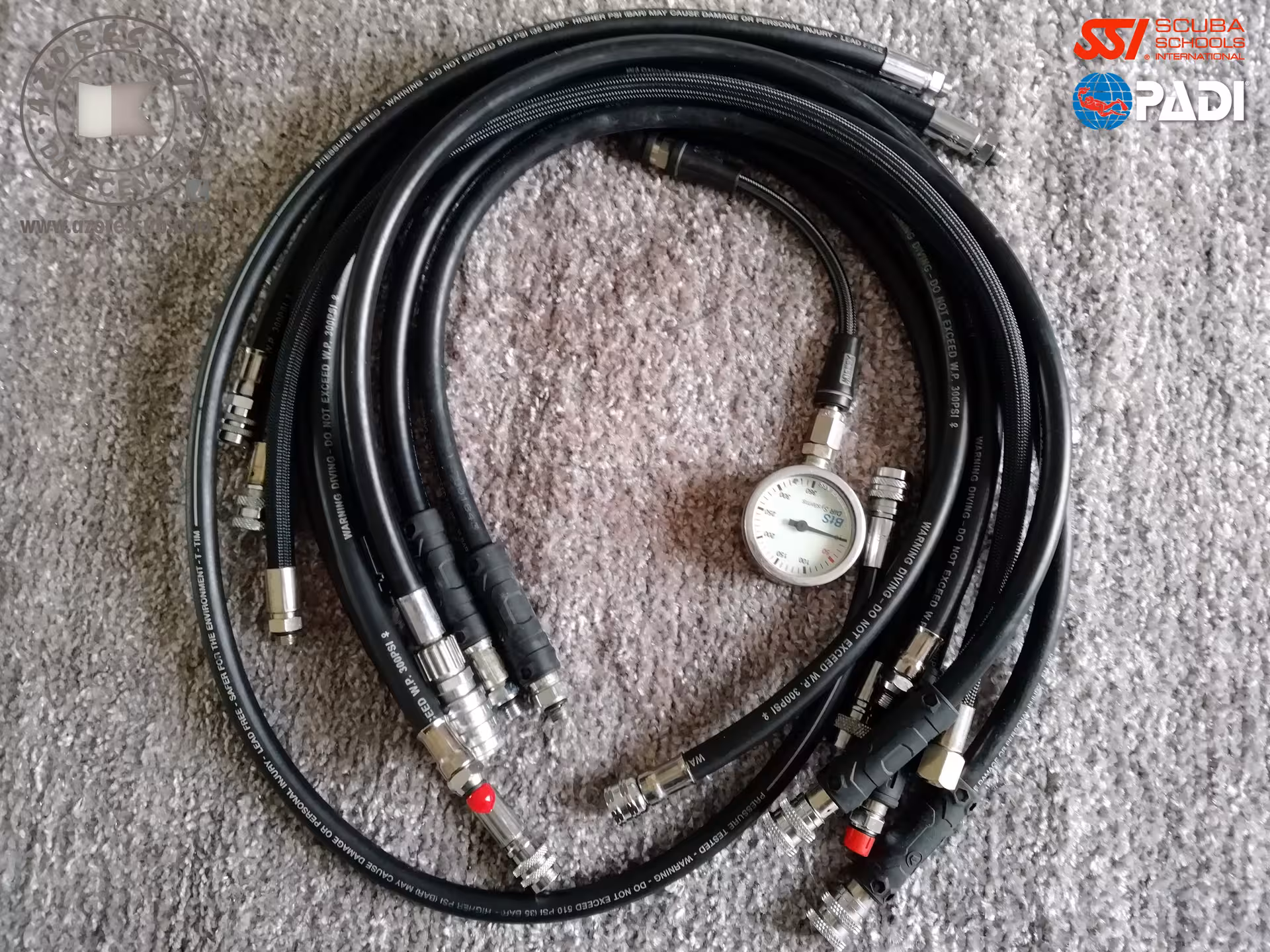 Scuba regulator service hoses and pressure gauge set used for equipment techniques specialty workshop