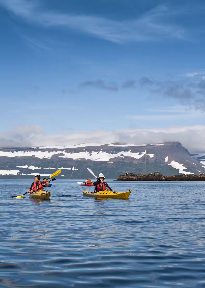 Kayakers paddling across a serene Arctic fjord beneath snowy peaks on the Seabird Discovery adventure tour